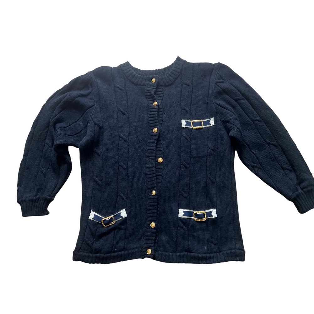 Della-Knit Vintage Navy Blue Cable Knit Gold Crest Button Cardigan Size M
